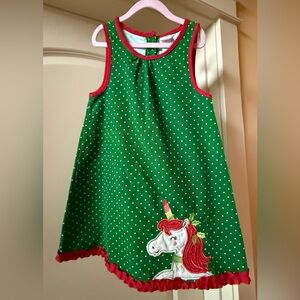 Nannette Kids Sz 6,Unicorn Green Dress with Red Trim Polkadots